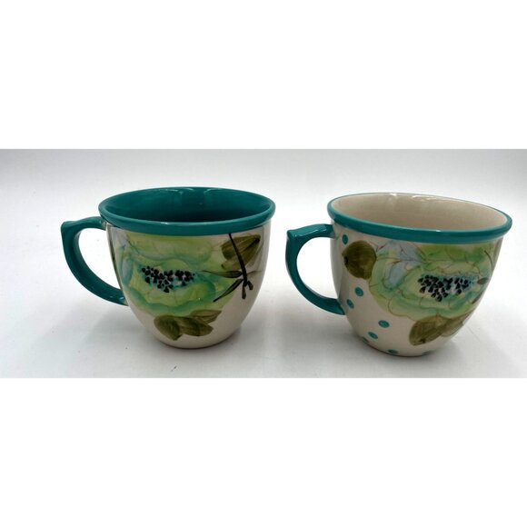 Pioneer Woman Hand-Painted Floral Ceramic Mugs With Teal Interior & Handle - Picture 3 of 4